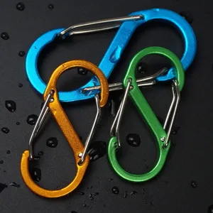 S-shaped aluminum carabiner clip, outdoor camping backpack hook, durable metal keychain tool.