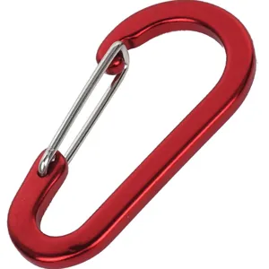 Red aluminum flat carabiner clip, lightweight snap hook keychain for outdoor camping and backpack.