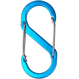 Blue S-shaped carabiner aluminum alloy dual spring clip hook for outdoor camping and backpack.