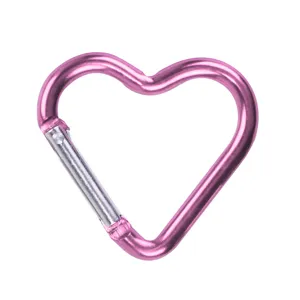 Pink heart-shaped aluminum alloy carabiner clip for backpack keychain outdoor travel gear.