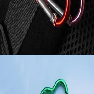 Aluminum alloy heart shaped carabiner hook detail, perfect for backpack and keys.