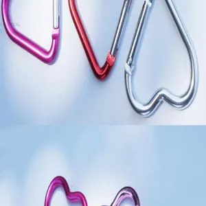 Heart shaped aluminum alloy carabiner clip detail, pink red and silver outdoor keychain.