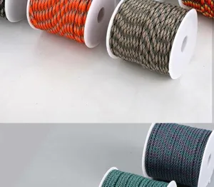 Outdoor survival paracord 7-kern voor armbanden, gedetailleerd overzicht met kleurrijke spoelen.
