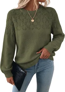 Olive green crewneck long sleeve hollow out knit sweater top detail view for women fashion