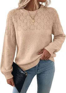Women's casual round neck long sleeve hollow out knit sweater winter fashion pullover top