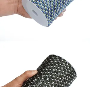 Detailed view of durable 4mm paracord rolls featuring tight weave and multiple color options.