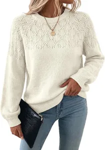 Chic off-white knit sweater for women featuring hollow-out details, crew neck and long sleeves.