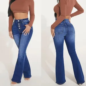 Women high waist flare jeans multi button stretch denim pants casual fashion daily trousers