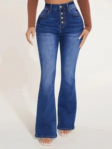 High waist multi button stretch flare jeans for women, slim fit long denim trousers detail.
