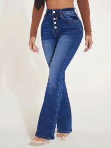Women's high-waisted stretch flare jeans featuring stylish multi-button closure details.