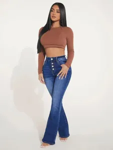 High-waisted multi-button stretchy flare jeans for women, comfortable slim fit trousers.