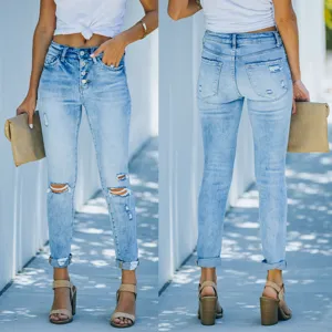 Women High Waist Multi Button Slim Fit Skinny Ripped Jeans Casual Stretchy Denim Pants Long Trousers