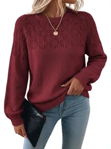 Women burgundy long sleeve crewneck knit sweater stylish casual pullover top apparel.