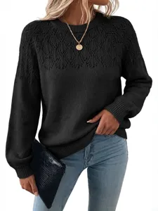 Women casual long sleeve knit sweater crewneck hollow out pullover autumn winter top