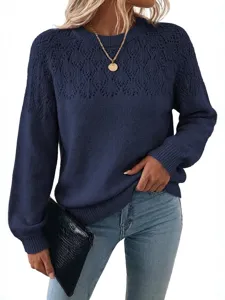 Women navy blue crewneck long sleeve hollow-out knit sweater pullover top main view