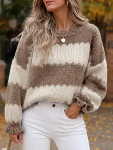 Women's chunky knit colorblock sweater, casual crew neck long sleeve autumn winter top.