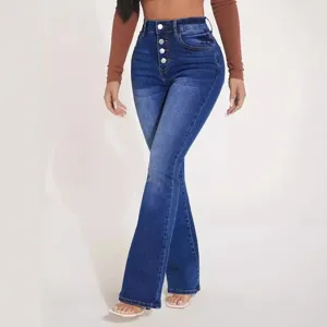High waist flare jeans for women with multi-button closure, stretchy denim trousers.
