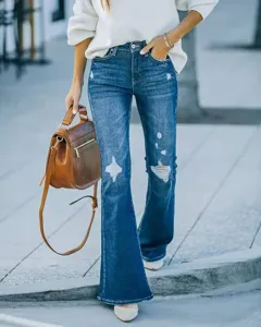 Women high waist washed distressed flare stretch denim jeans casual long pants detail
