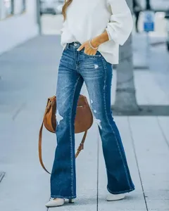Women stretch high waist distressed flare denim jeans casual long fashion trousers