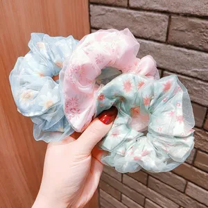 Korean Style Double Layer Chiffon Floral Hair Scrunchie Sweet Daisy Print Elastic Ponytail Holder Hair Tie For Women Girls