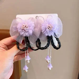 Traditional girls' purple flower hair clips with black braids and floral tassels