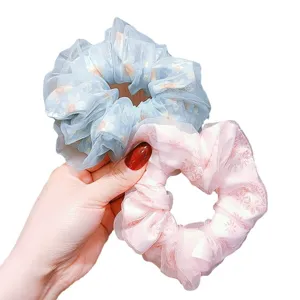 Set of two floral chiffon scrunchies for hair, elegant ponytail holders in blue and pink colors