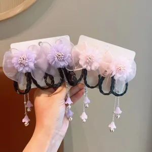 Traditional Hanfu style floral hair accessories with braided wig tassels for little girls