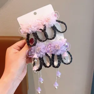 Traditional Chinese Hanfu hair clips with artificial flower and braided wig tassels