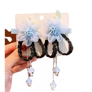 Ancient Chinese style blue flower hair clips with braids and tassels for girls' Hanfu