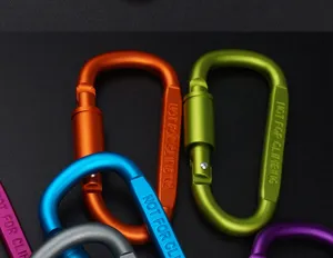 Colorful aluminum alloy D-ring carabiner close-up detail showcasing vibrant outdoor keychain hardware.