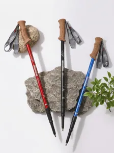 Bastoncini da trekking telescopici in alluminio con impugnatura in legno per escursionismo all'aperto.