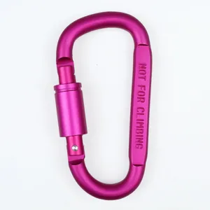 Pink aluminum alloy D-shaped carabiner snap hook for backpack and outdoor key ring attachment.