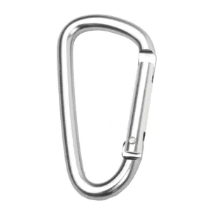 Silver D-shape aluminum carabiner clip, lightweight outdoor backpack hook and travel accessory.