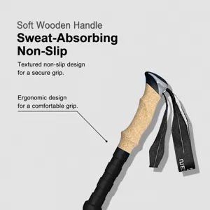 Ergonomic outdoor trekking pole with comfortable cork handle, anti-slip and sweat-absorbent grip.