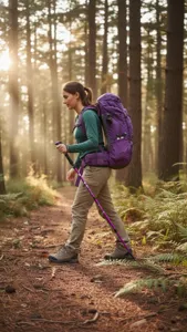 Vue détaillée d'un bâton de randonnée pliable violet utilisé lors d'une randonnée en forêt.