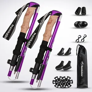 Set de bâtons de marche pliables à 5 brins, en aluminium violet avec accessoires et sac.