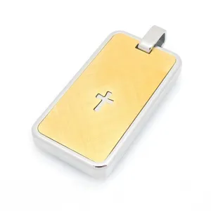 Pendentif plaque militaire en acier inoxydable avec finition or brossé et croix pour hommes.