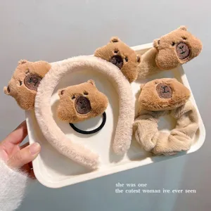Cute brown plush Capybara hair accessory set including headband, scrunchie and clips