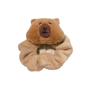 Adorable plush Capybara animal hair scrunchie for women and children in soft brown