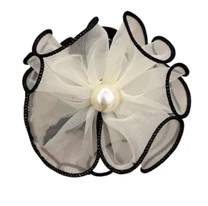 Elegant 8cm white mesh flower hair claw clip with large pearl center and black trim
