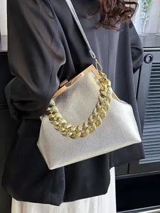 Γυναικεία Μοντέρνα Τσάντα Χιαστί από PU Δέρμα με Υφή Λίτσι και Χοντρή Χρυσή Αλυσίδα Κούμπωμα Αστική Μικρή Τετράγωνη Τσάντα