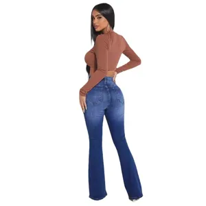 Women's high-waisted stretch flare jeans paired with brown crop top for a chic spring look.