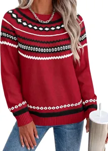 Close-up detail of the stylish color-block long-sleeve knit sweater showcasing geometric patterns.