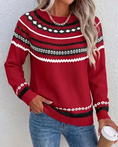 Detailed view of women long sleeve colorblock crewneck knit sweater pullover in red and black.