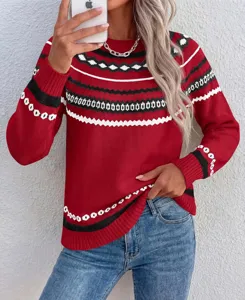 Women red long sleeve round neck colorblock patterned knit sweater daily casual top