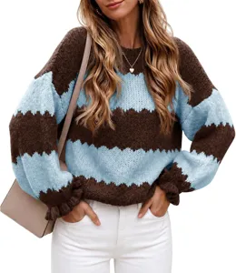 Brown and blue striped knit sweater detail, cozy crewneck long sleeve pullover top.