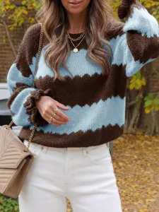 Women's color block zig zag knit sweater crewneck long sleeve casual top autumn wear
