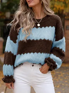 Women autumn colorblock knit sweater casual long sleeve crewneck pullover top stylish fashion.