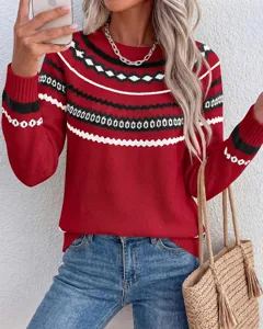 Detail shot of women's color block crewneck long sleeve knitted sweater for autumn winter.