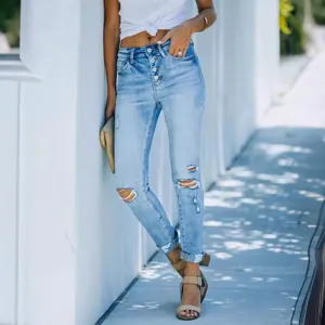 High-waist button-fly ripped skinny jeans for women light wash casual denim long pants